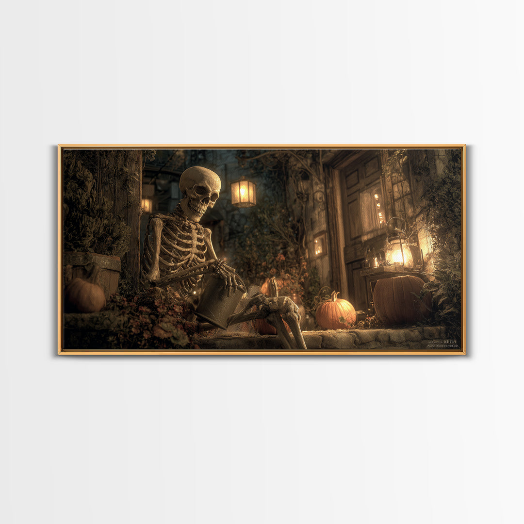 The Skeleton Gardeners, Wide Panoramic Art, Dark Fantasy Wall Art, Canvas Print, Halloween Wall Decor, Gothic Home Decor, Spooky Wall Decor