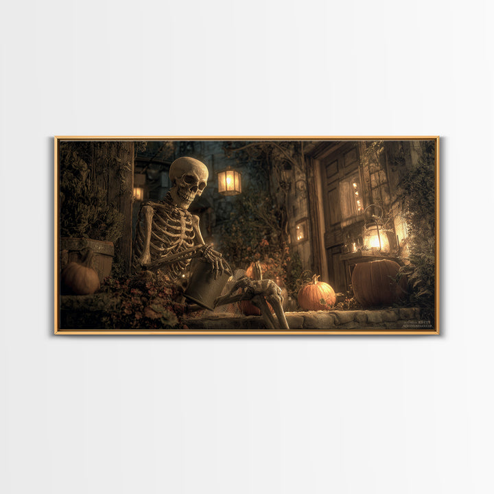 The Skeleton Gardeners, Wide Panoramic Art, Dark Fantasy Wall Art, Canvas Print, Halloween Wall Decor, Gothic Home Decor, Spooky Wall Decor