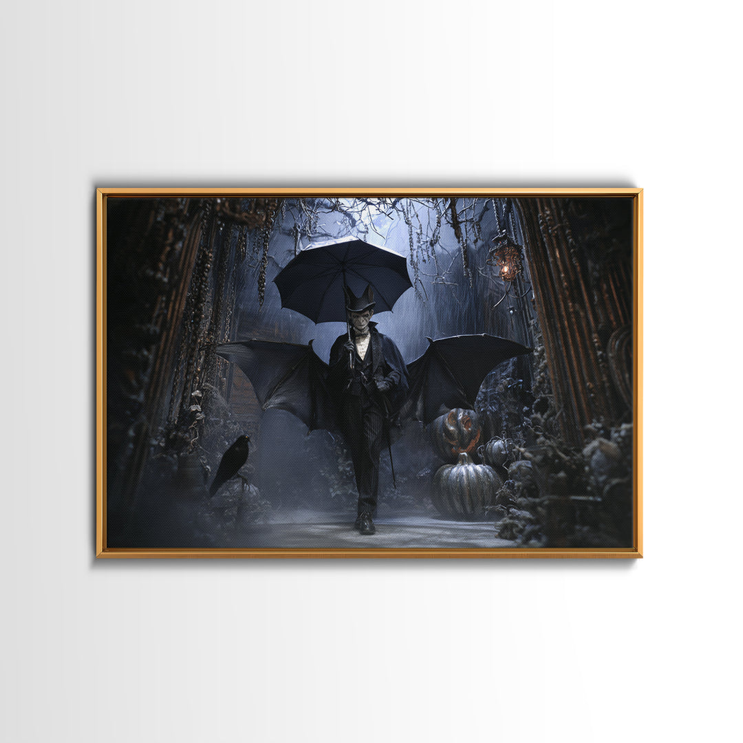 The Bat Umbrella Salesman, Landscape Wall Art, Gothic Horror Wall Art, Framed Canvas Print, Halloween Wall Decor, Gothic Home Decor
