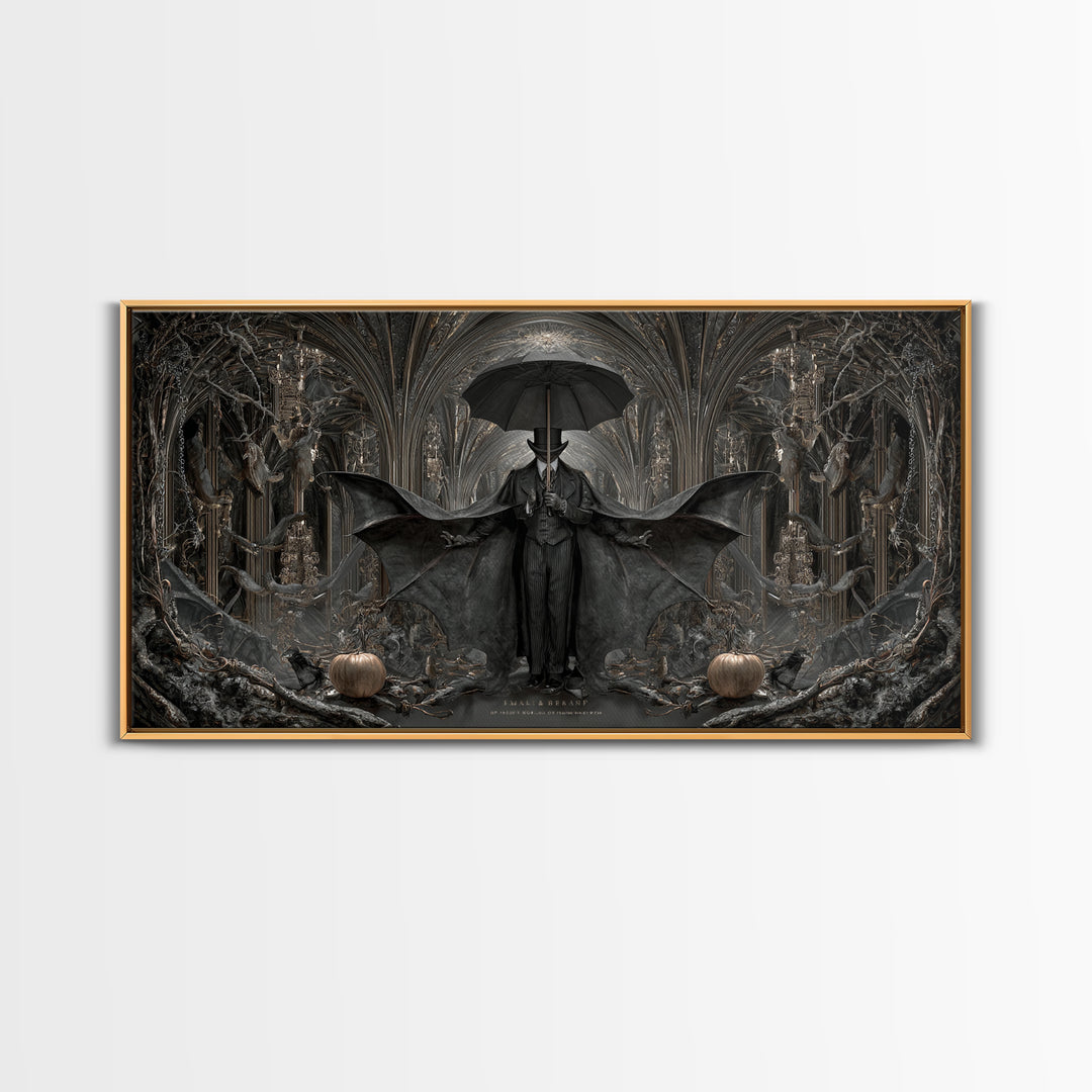 The Bat Umbrella Salesman, Wide Panoramic Art, Dark Fantasy Wall Art, Canvas Print, Halloween Wall Decor, Gothic Home Decor
