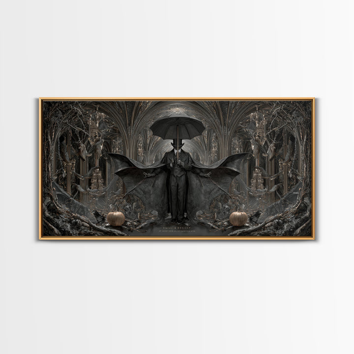 The Bat Umbrella Salesman, Wide Panoramic Art, Dark Fantasy Wall Art, Canvas Print, Halloween Wall Decor, Gothic Home Decor