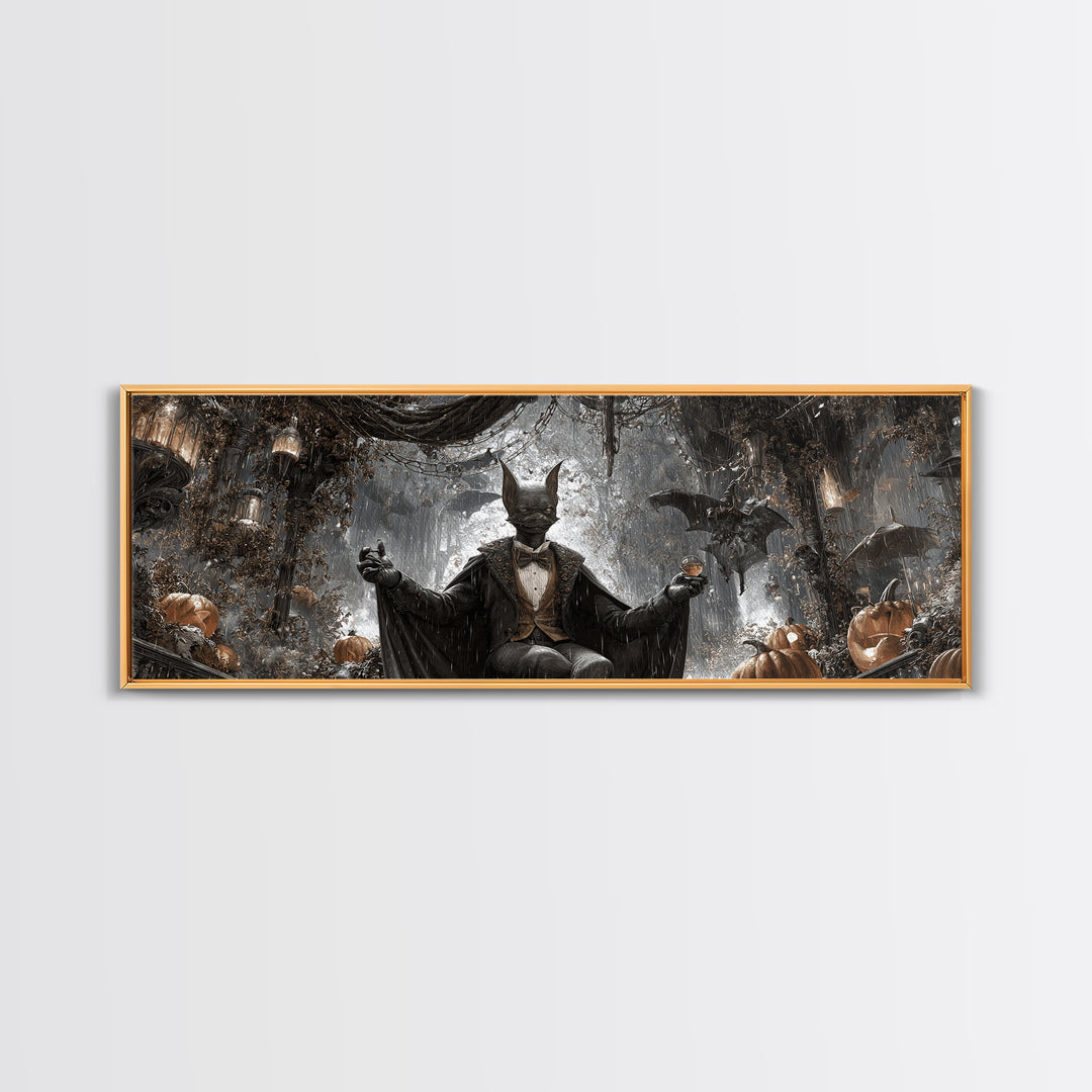 The Bat Umbrella Salesman, Extra Wide Wall Art, Macabre Wall Art, Framed Canvas Print, Halloween Wall Decor, Gothic Home Decor