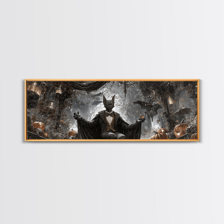 The Bat Umbrella Salesman, Extra Wide Wall Art, Macabre Wall Art, Framed Canvas Print, Halloween Wall Decor, Gothic Home Decor