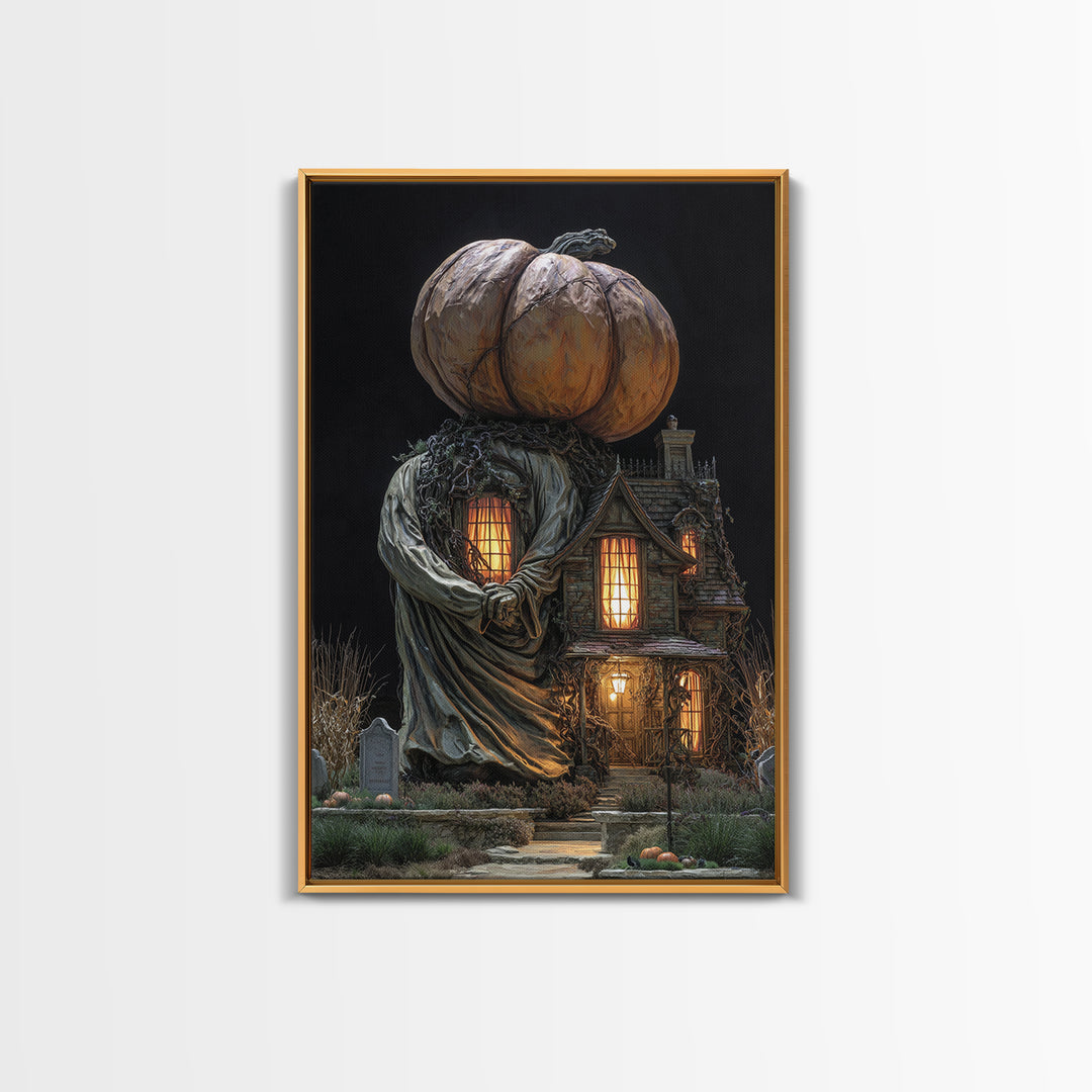 The Pumpkin-House Neighborhood, Vertical Wall Art, Macabre Wall Art, Framed Canvas Print, Halloween Wall Decor, Gothic Home Decor
