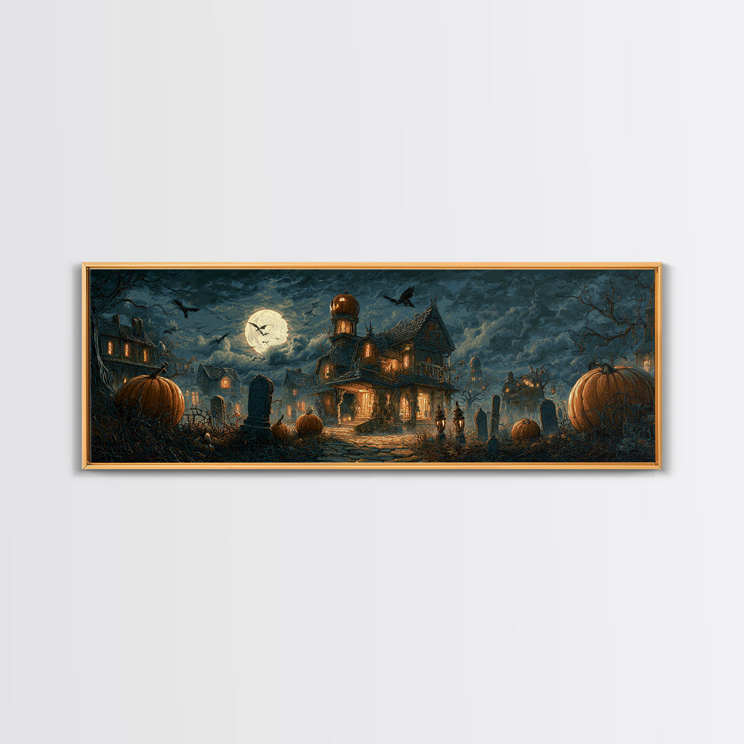 The Pumpkin-House Neighborhood, Extra Wide Wall Art, Spooky Home Decor, Canvas Print, Halloween Wall Decor, Gothic Home Decor