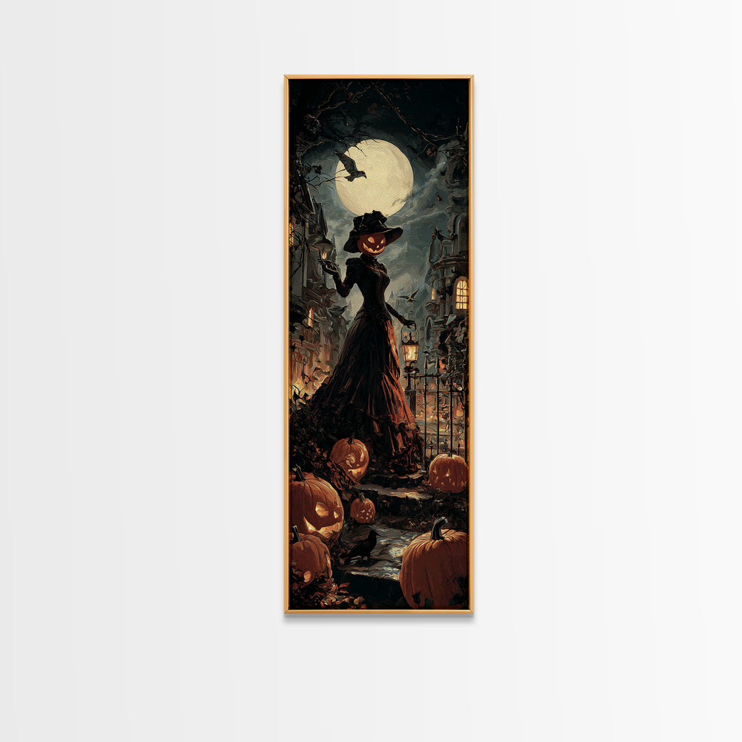 The Pumpkin-House Neighborhood, Tall Narrow Wall Art, Macabre Wall Art, Framed Canvas Print, Halloween Wall Decor, Gothic Home Decor