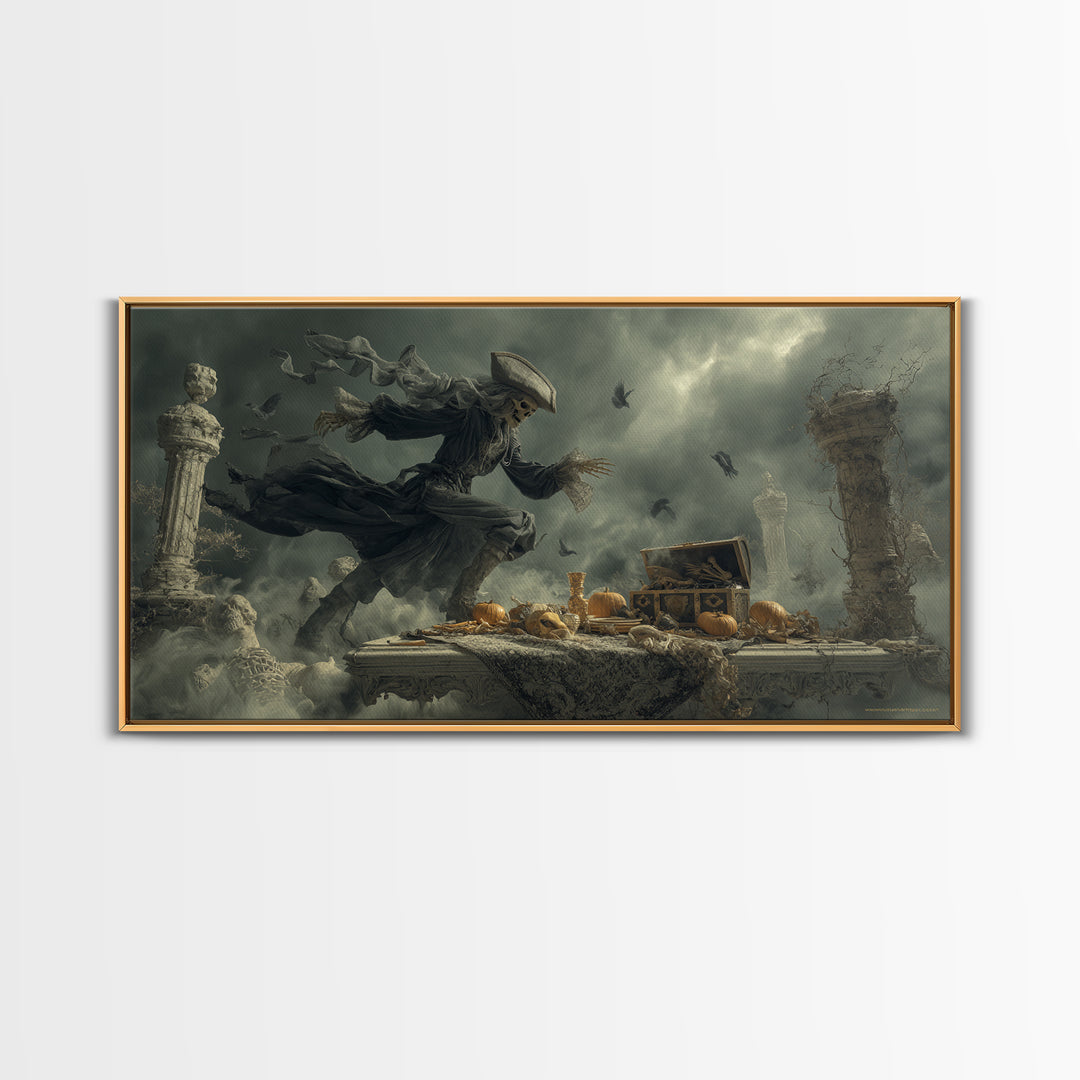 The Ghost Pirate Picnic, Wide Panoramic Art, Haunted Gothic Art, Framed Canvas Print, Halloween Wall Decor, Gothic Home Decor