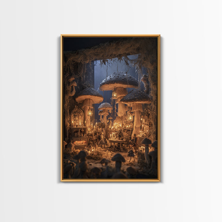 The Moonlit Mushroom Village, Vertical Wall Art, Dark Halloween Decor, Canvas Print, Halloween Wall Decor, Gothic Home Decor