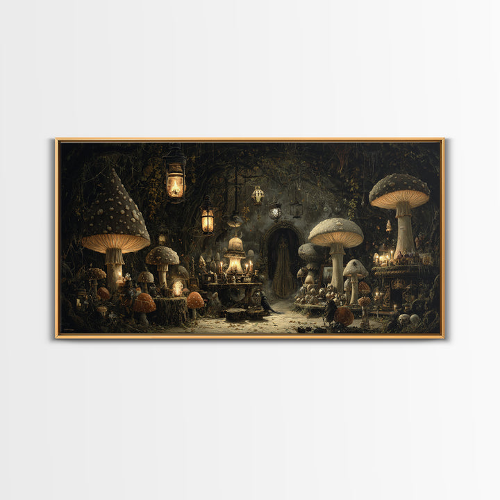 The Moonlit Mushroom Village, Wide Panoramic Art, Macabre Wall Art, Framed Canvas Print, Halloween Wall Decor, Gothic Home Decor