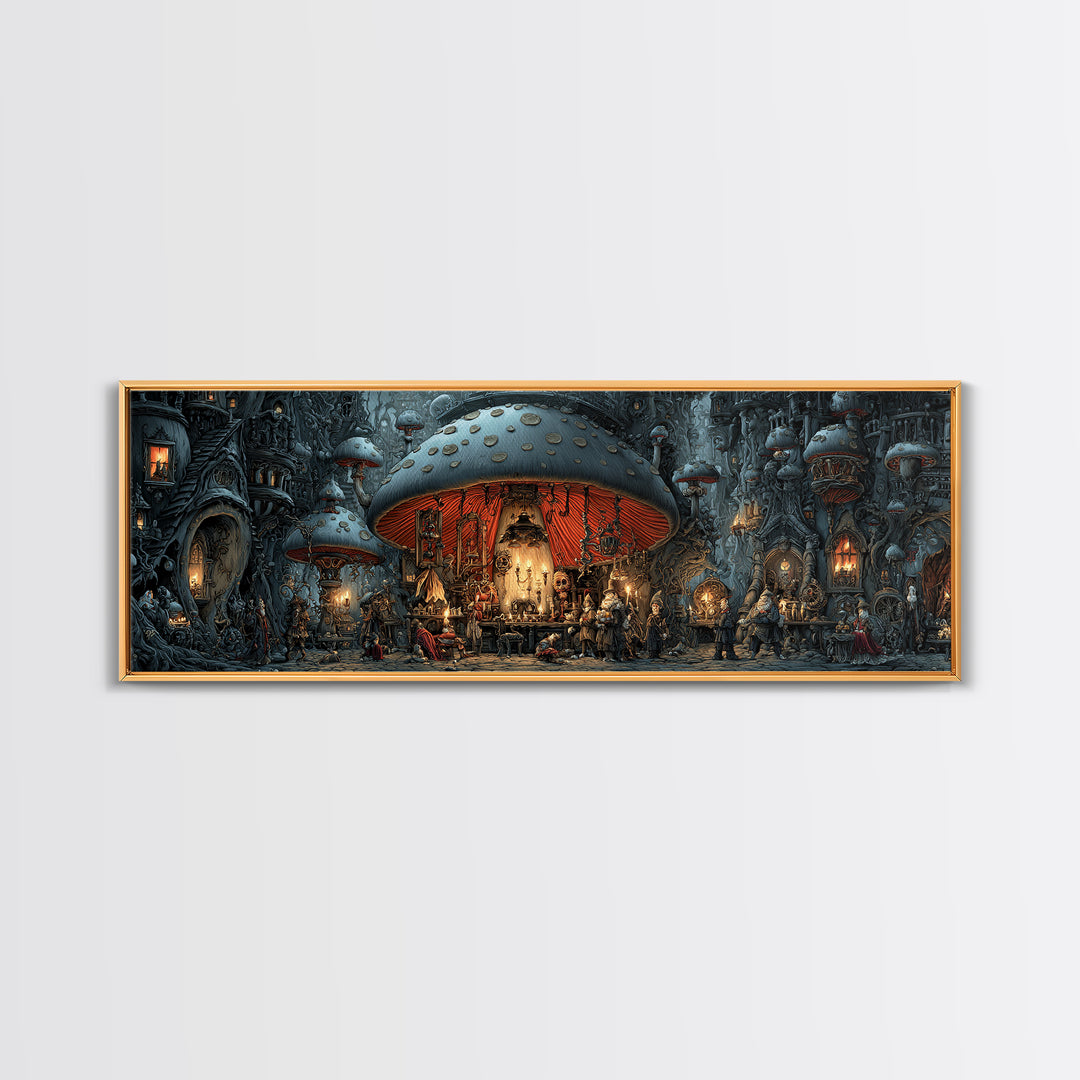 The Moonlit Mushroom Village, Extra Wide Wall Art, Gothic Horror Wall Art, Framed Canvas Print, Halloween Wall Decor, Gothic Home Decor