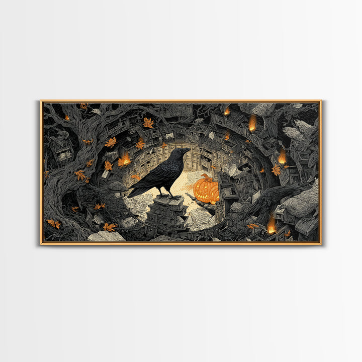 The Raven Post Office, Wide Panoramic Art, Spooky Home Decor, Canvas Print, Halloween Wall Decor, Gothic Home Decor, Halloween Wall Art