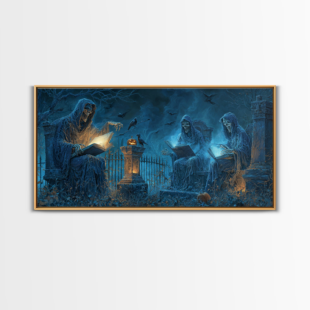 The Graveyard Book Club, Wide Panoramic Art, Macabre Wall Art, Framed Canvas Print, Halloween Wall Decor, Gothic Home Decor, Horror Wall Art