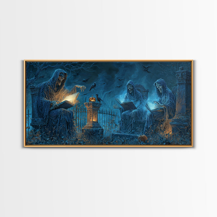The Graveyard Book Club, Wide Panoramic Art, Macabre Wall Art, Framed Canvas Print, Halloween Wall Decor, Gothic Home Decor, Horror Wall Art