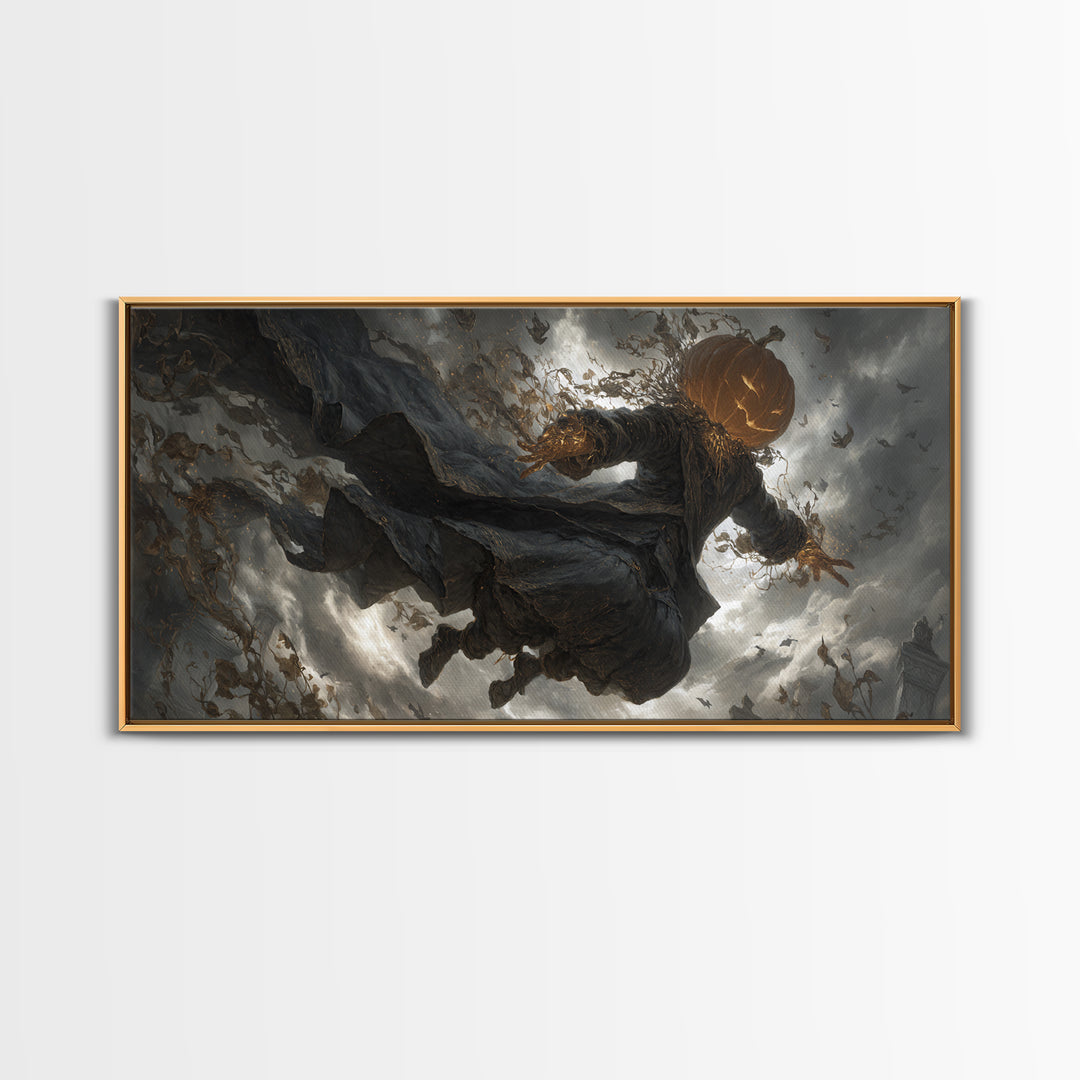 The Cosmic Pumpkin God, Wide Panoramic Art, Macabre Wall Art, Framed Canvas Print, Halloween Wall Decor, Gothic Home Decor, Dark Fantasy Art