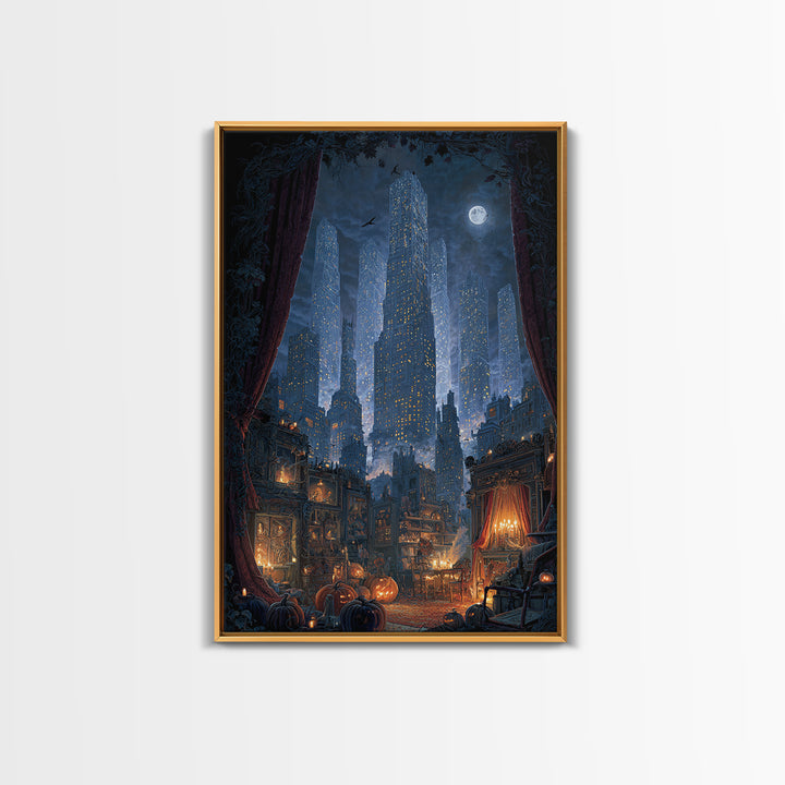 The Haunted City Skyline, Vertical Wall Art, Haunted Gothic Art, Framed Canvas Print, Halloween Wall Decor, Gothic Home Decor