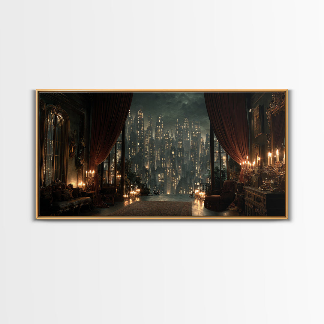 The Haunted City Skyline, Wide Panoramic Art, Dark Fantasy Wall Art, Canvas Print, Halloween Wall Decor, Gothic Home Decor