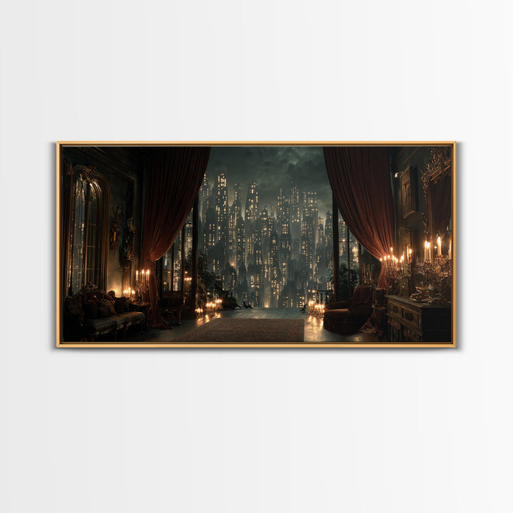 The Haunted City Skyline, Wide Panoramic Art, Dark Fantasy Wall Art, Canvas Print, Halloween Wall Decor, Gothic Home Decor
