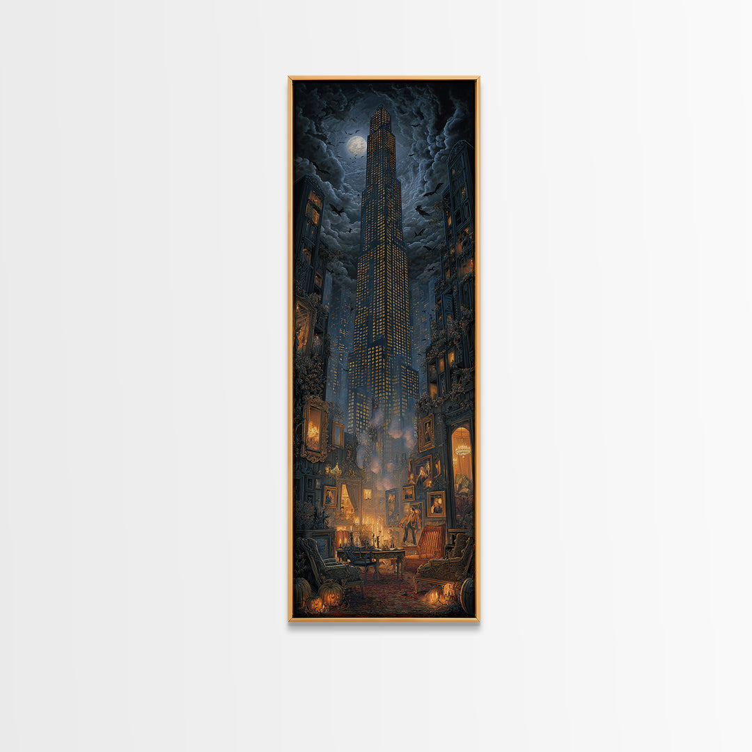 The Haunted City Skyline, Tall Narrow Wall Art, Haunted Gothic Art, Framed Canvas Print, Halloween Wall Decor, Gothic Home Decor