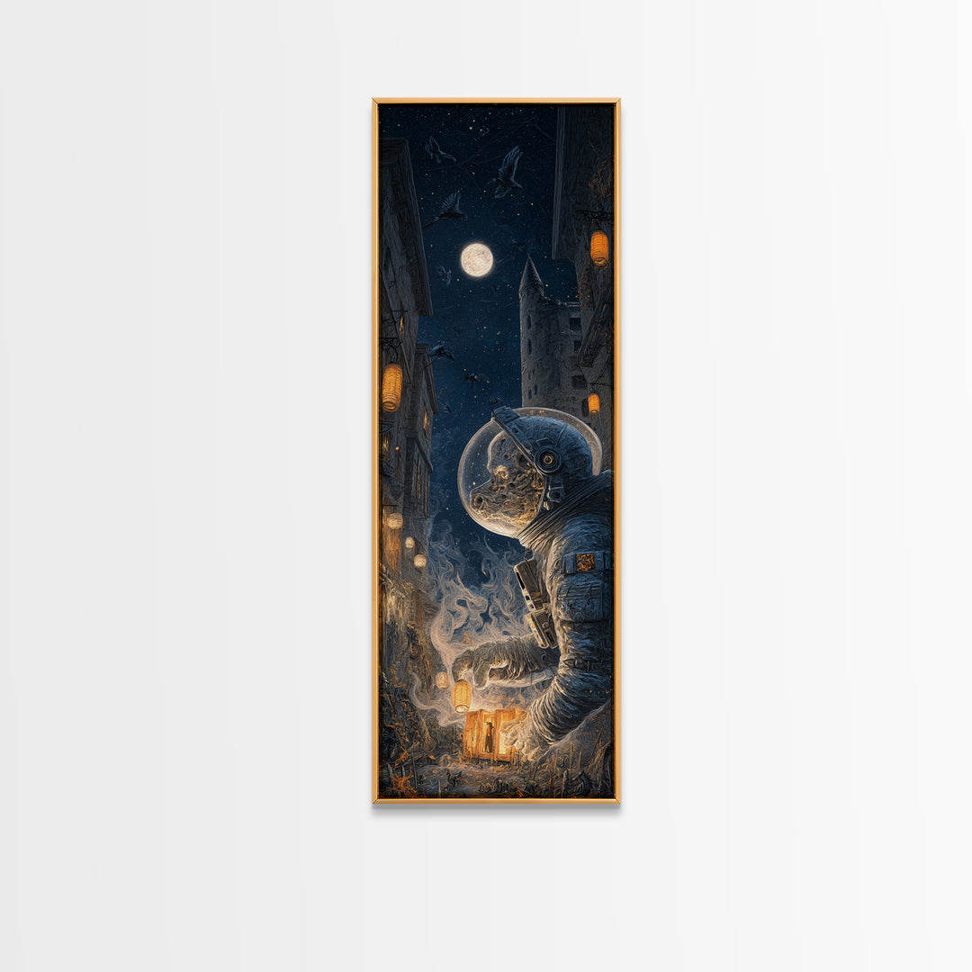 The Astronaut Ghost, Tall Narrow Wall Art, Macabre Wall Art, Framed Canvas Print, Halloween Wall Decor, Gothic Home Decor