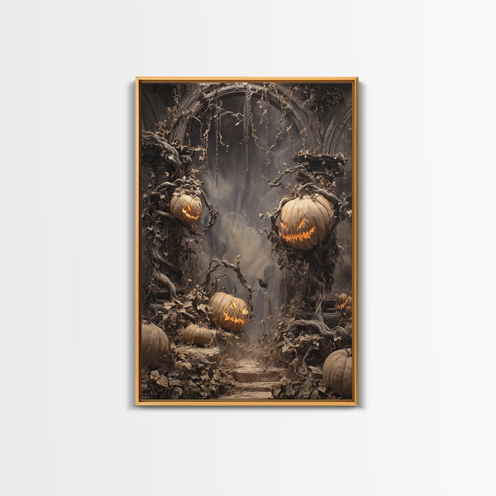 The Alien Pumpkin Patch, Vertical Wall Art, Haunted Gothic Art, Framed Canvas Print, Halloween Wall Decor, Gothic Home Decor