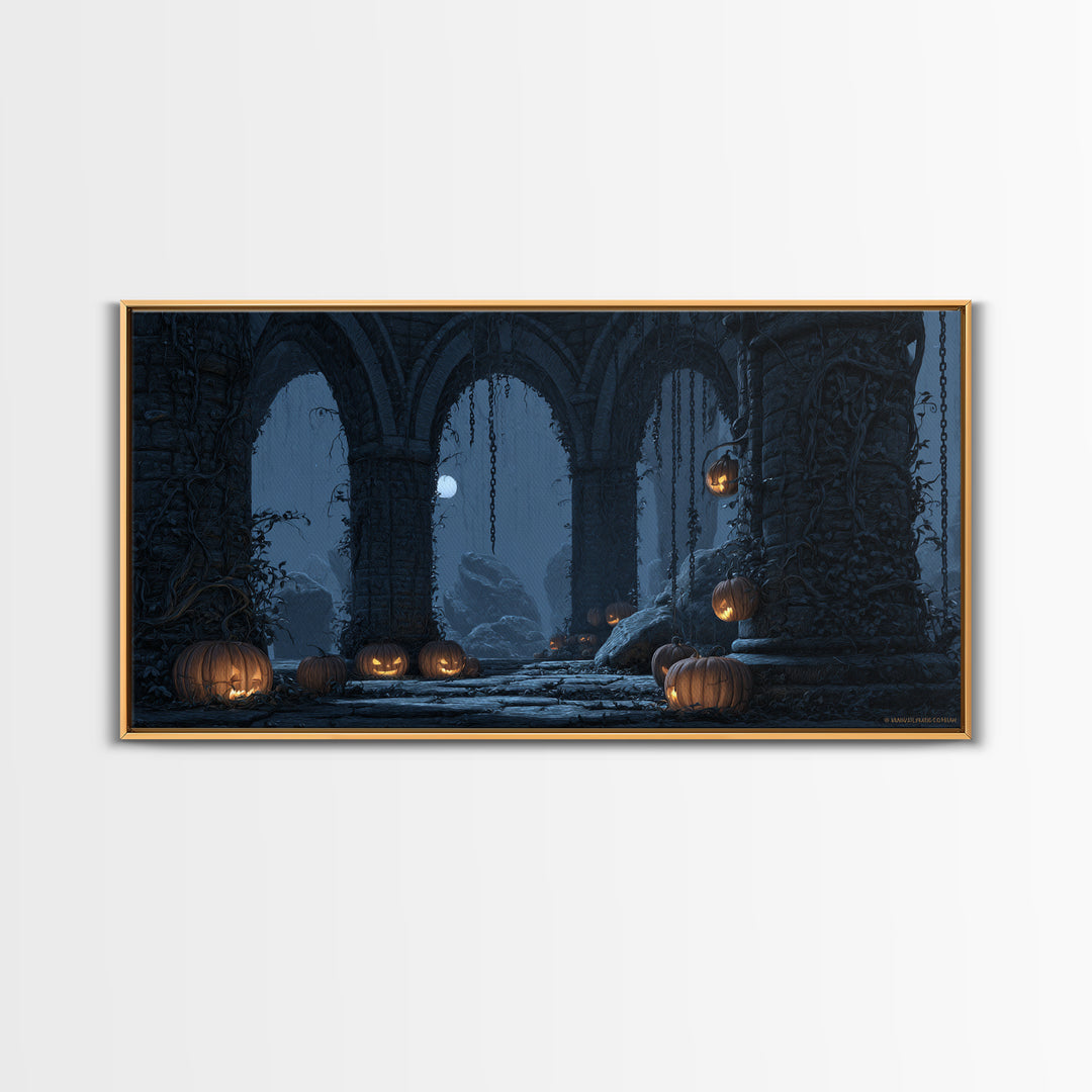 The Alien Pumpkin Patch, Wide Panoramic Art, Gothic Horror Wall Art, Framed Canvas Print, Halloween Wall Decor, Gothic Home Decor