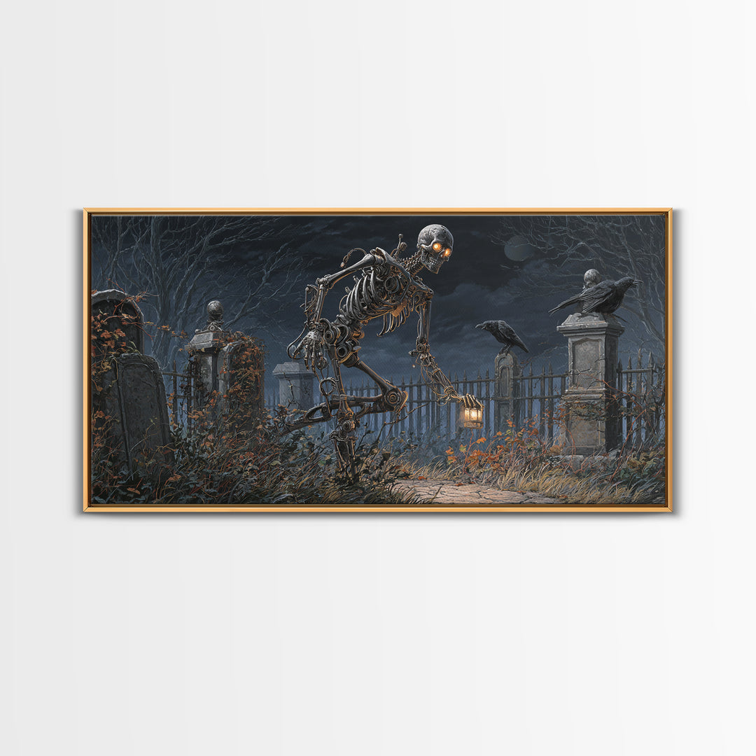 The Biomechanical Skeleton, Wide Panoramic Art, Gothic Horror Wall Art, Framed Canvas Print, Halloween Wall Decor, Gothic Home Decor