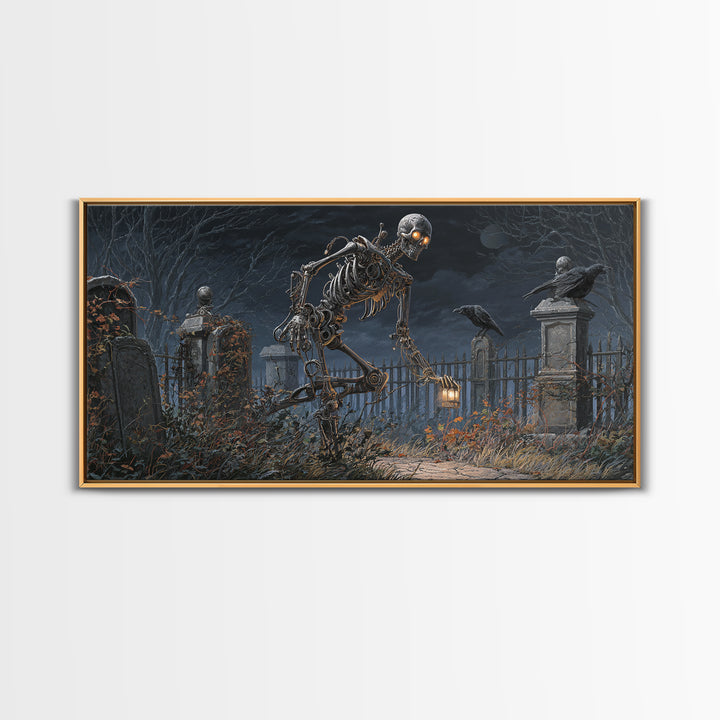 The Biomechanical Skeleton, Wide Panoramic Art, Gothic Horror Wall Art, Framed Canvas Print, Halloween Wall Decor, Gothic Home Decor