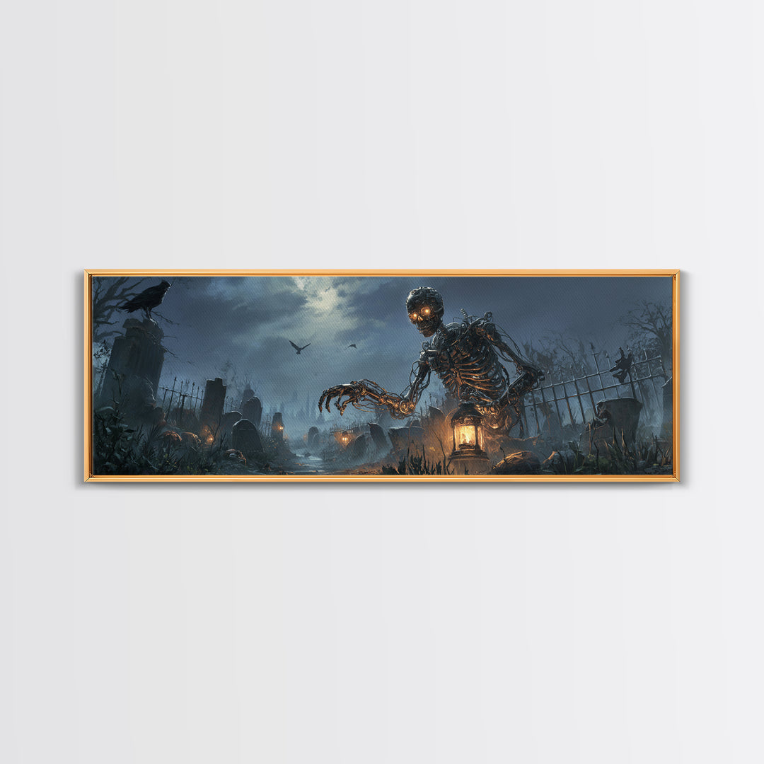 The Biomechanical Skeleton, Extra Wide Wall Art, Dark Fantasy Wall Art, Canvas Print, Halloween Wall Decor, Gothic Home Decor