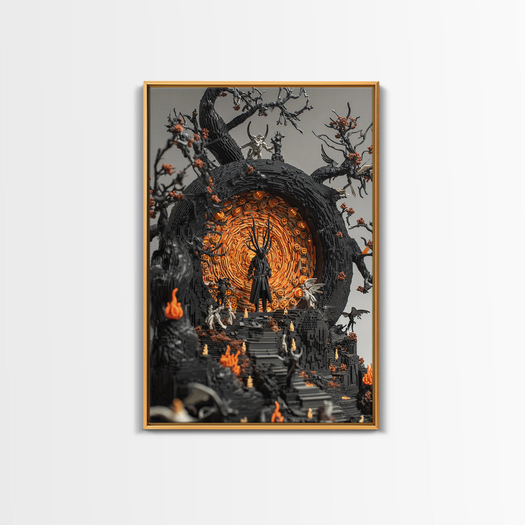 The Volcanic Demon Festival, Vertical Wall Art, Haunted Gothic Art, Framed Canvas Print, Halloween Wall Decor, Gothic Home Decor