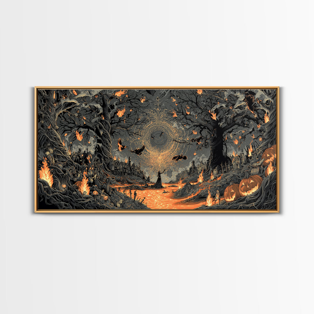 The Volcanic Demon Festival, Wide Panoramic Art, Haunted Gothic Art, Framed Canvas Print, Halloween Wall Decor, Gothic Home Decor