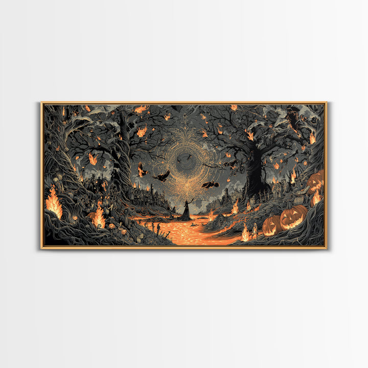 The Volcanic Demon Festival, Wide Panoramic Art, Haunted Gothic Art, Framed Canvas Print, Halloween Wall Decor, Gothic Home Decor