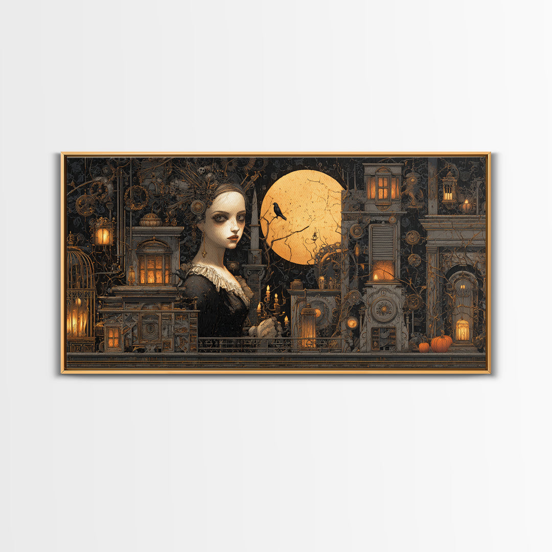 The Clockwork Haunted House, Wide Panoramic Art, Dark Halloween Decor, Canvas Print, Halloween Wall Decor, Gothic Home Decor