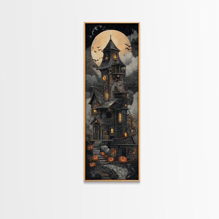 The Clockwork Haunted House, Tall Narrow Wall Art, Dark Fantasy Wall Art, Canvas Print, Halloween Wall Decor, Gothic Home Decor
