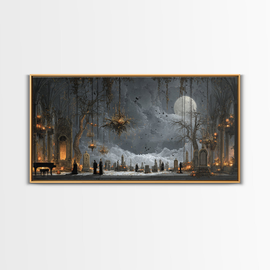 The Upside-Down Cemetery, Wide Panoramic Art, Macabre Wall Art, Framed Canvas Print, Halloween Wall Decor, Gothic Home Decor
