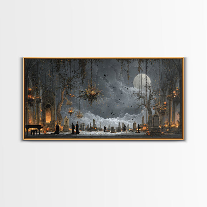 The Upside-Down Cemetery, Wide Panoramic Art, Macabre Wall Art, Framed Canvas Print, Halloween Wall Decor, Gothic Home Decor