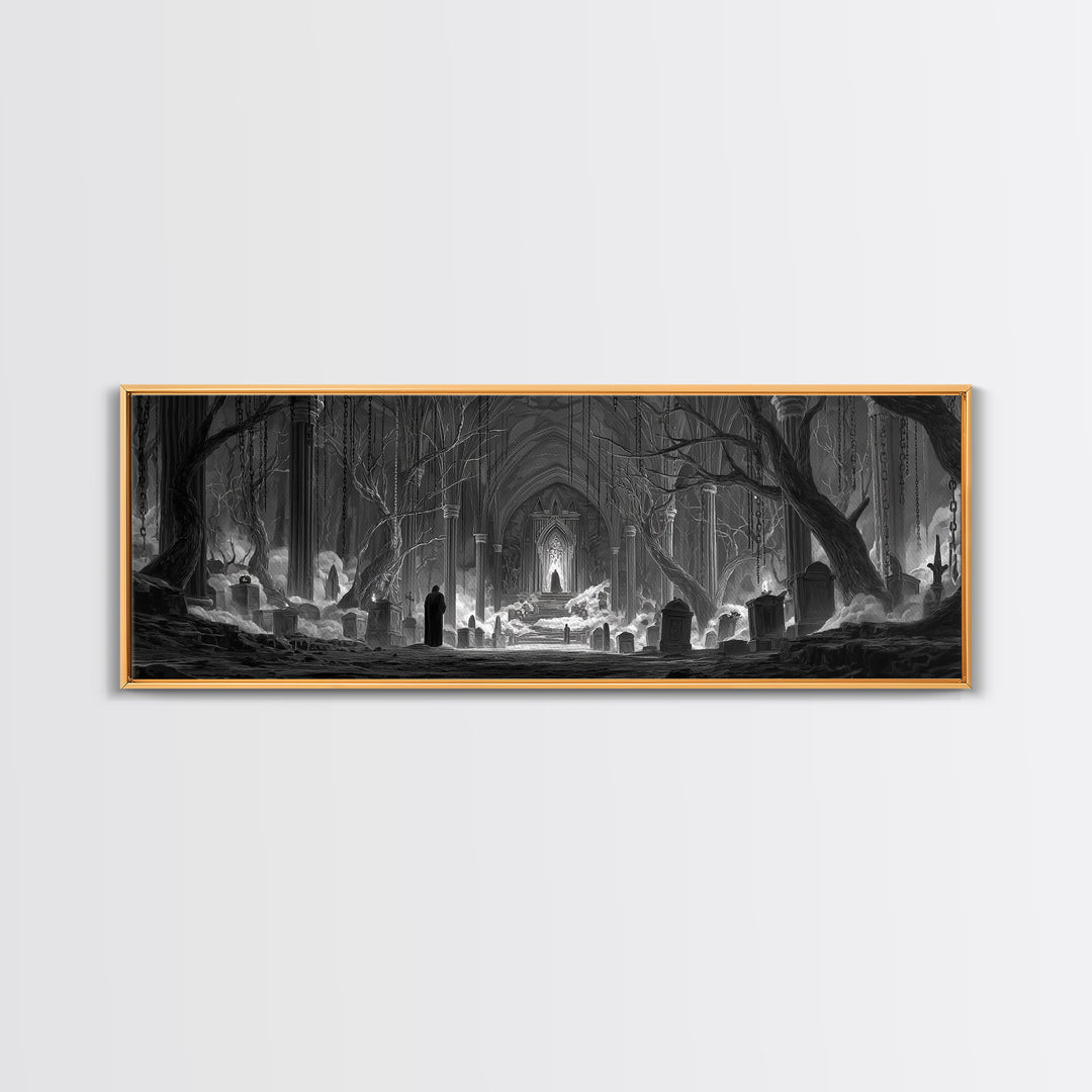 The Upside-Down Cemetery, Extra Wide Wall Art, Gothic Horror Wall Art, Framed Canvas Print, Halloween Wall Decor, Gothic Home Decor