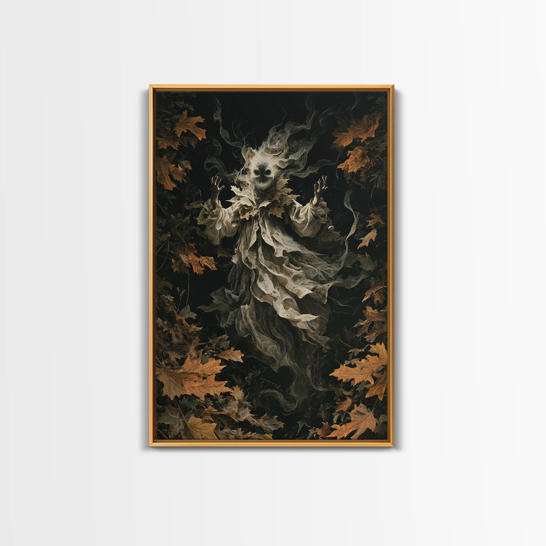 The Autumn-Leaf Ghost, Vertical Wall Art, Gothic Horror Wall Art, Framed Canvas Print, Halloween Wall Decor, Gothic Home Decor