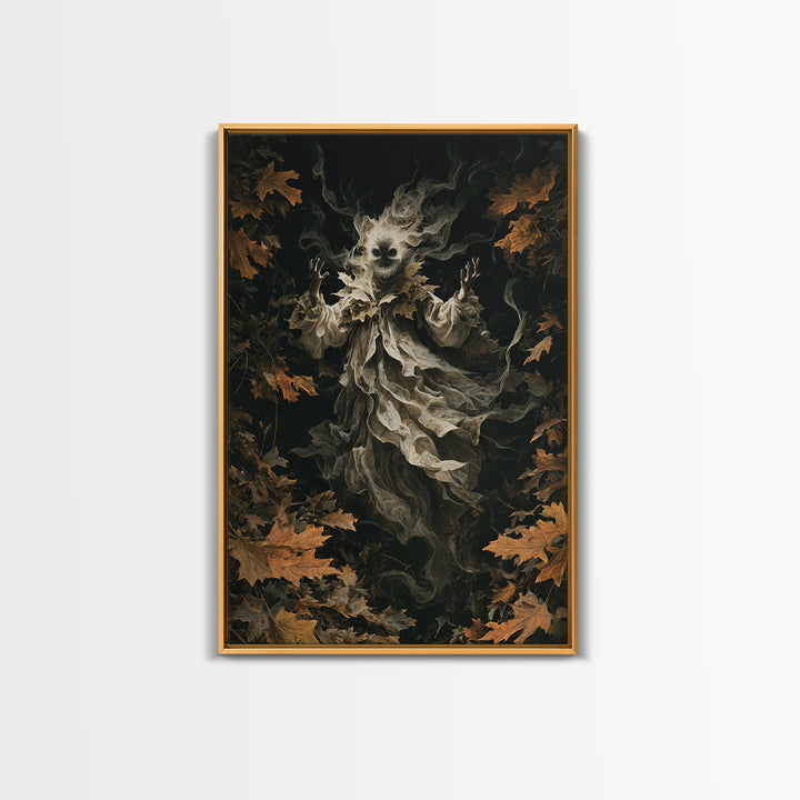 The Autumn-Leaf Ghost, Vertical Wall Art, Gothic Horror Wall Art, Framed Canvas Print, Halloween Wall Decor, Gothic Home Decor