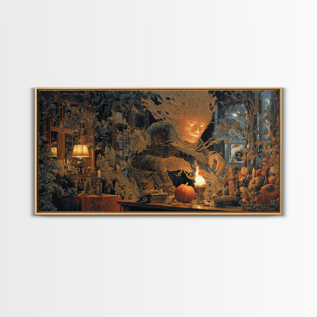 The Autumn-Leaf Ghost, Wide Panoramic Art, Macabre Wall Art, Framed Canvas Print, Halloween Wall Decor, Gothic Home Decor, Spooky Wall Decor