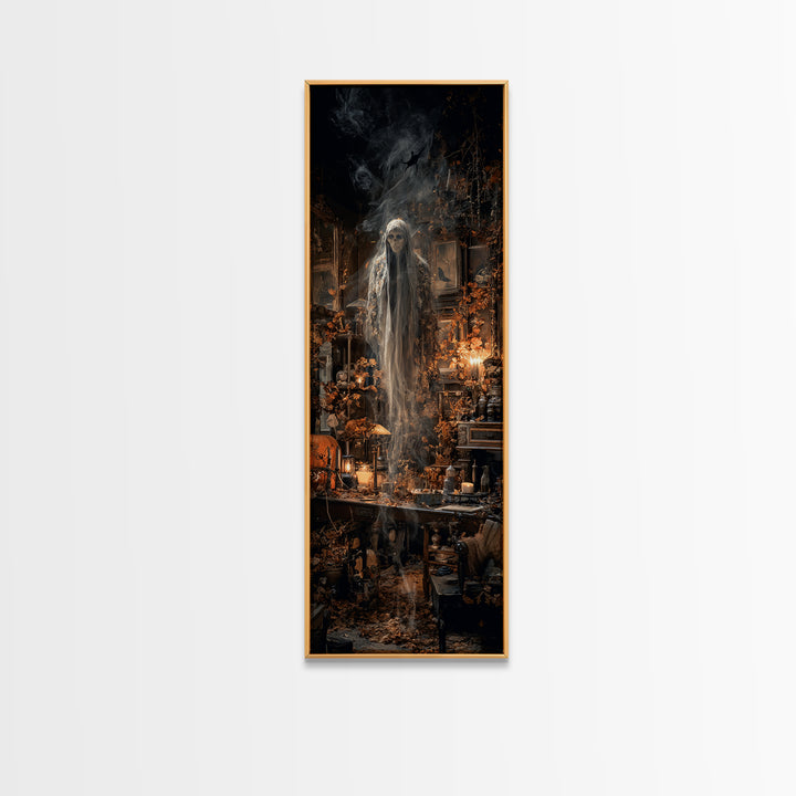 The Autumn-Leaf Ghost, Tall Narrow Wall Art, Macabre Wall Art, Framed Canvas Print, Halloween Wall Decor, Gothic Home Decor