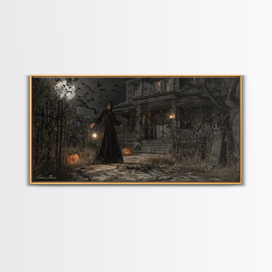 The Last House At The World'S Edge, Wide Panoramic Art, Haunted Gothic Art, Framed Canvas Print, Halloween Wall Decor, Gothic Home Decor