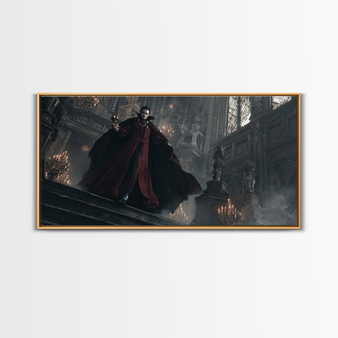 The Crimson Count Of Hollow Keep, Wide Panoramic Art, Gothic Horror Wall Art, Framed Canvas Print, Halloween Wall Decor, Gothic Home Decor
