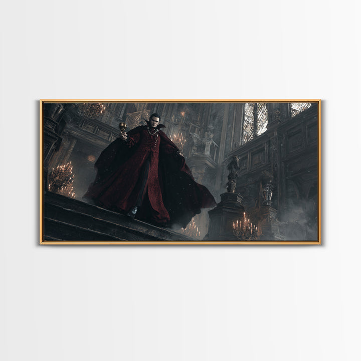 The Crimson Count Of Hollow Keep, Wide Panoramic Art, Gothic Horror Wall Art, Framed Canvas Print, Halloween Wall Decor, Gothic Home Decor