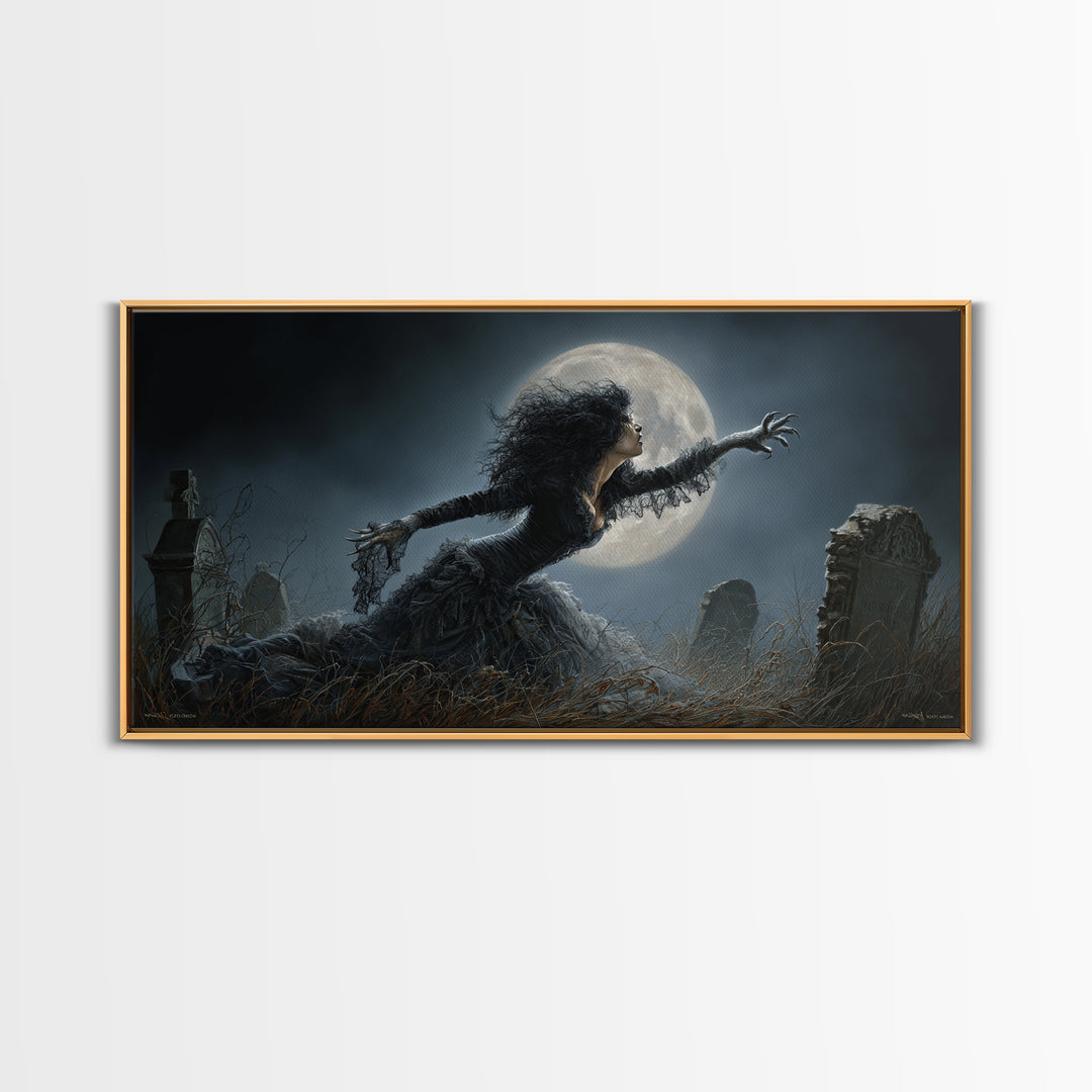 The Widow Wolf Of Briar Moon, Wide Panoramic Art, Macabre Wall Art, Framed Canvas Print, Halloween Wall Decor, Gothic Home Decor