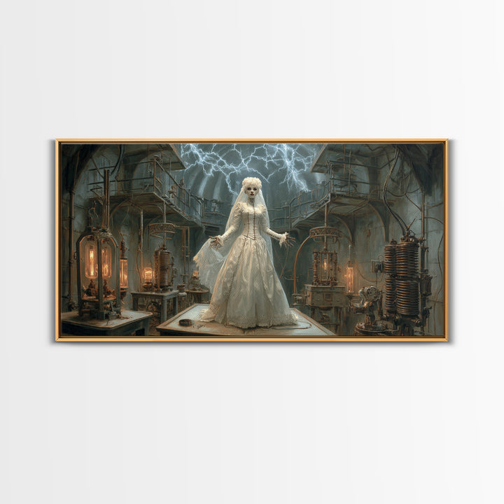The Stitched Bride Of Thunder Hall, Wide Panoramic Art, Dark Fantasy Wall Art, Canvas Print, Halloween Wall Decor, Gothic Home Decor