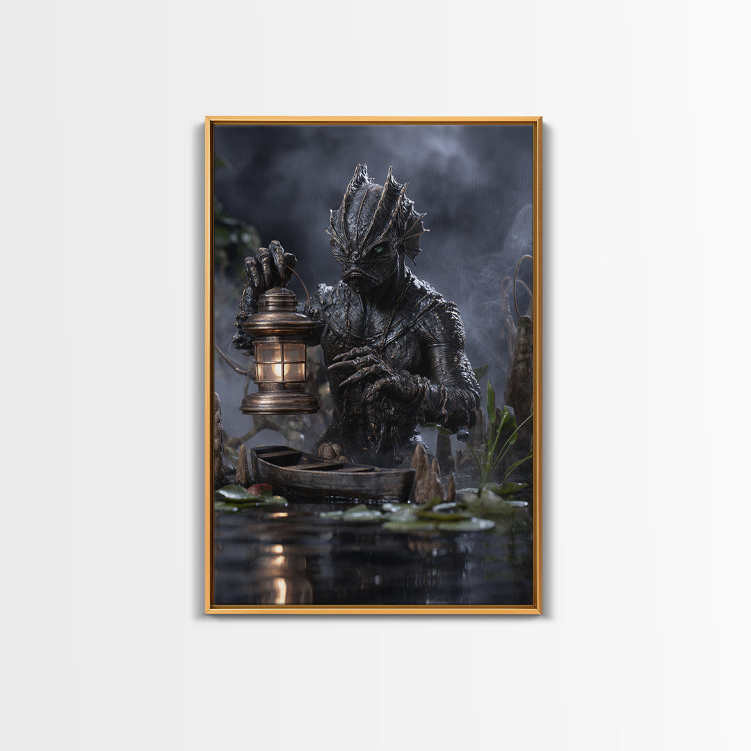 The Creature Of Lantern Lagoon, Vertical Wall Art, Dark Fantasy Wall Art, Canvas Print, Halloween Wall Decor, Gothic Home Decor