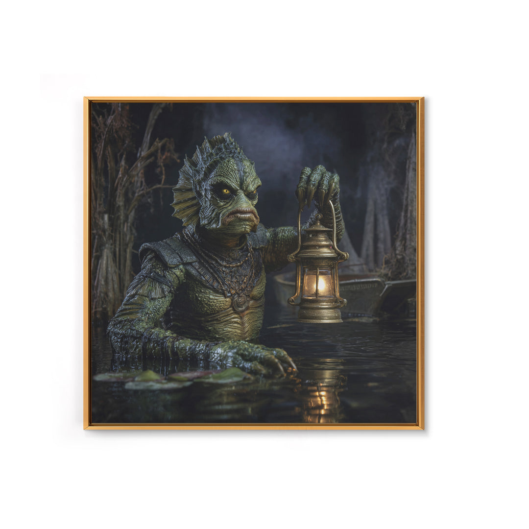 The Creature Of Lantern Lagoon, Square Wall Art, Macabre Wall Art, Framed Canvas Print, Halloween Wall Decor, Gothic Home Decor