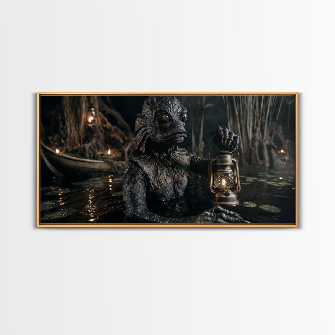 The Creature Of Lantern Lagoon, Wide Panoramic Art, Haunted Gothic Art, Framed Canvas Print, Halloween Wall Decor, Gothic Home Decor