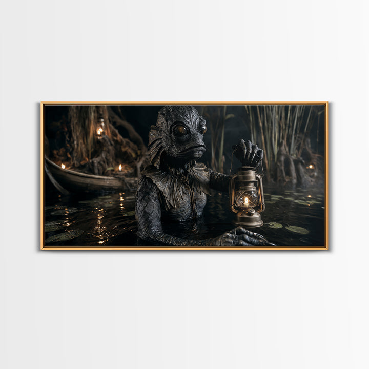 The Creature Of Lantern Lagoon, Wide Panoramic Art, Haunted Gothic Art, Framed Canvas Print, Halloween Wall Decor, Gothic Home Decor