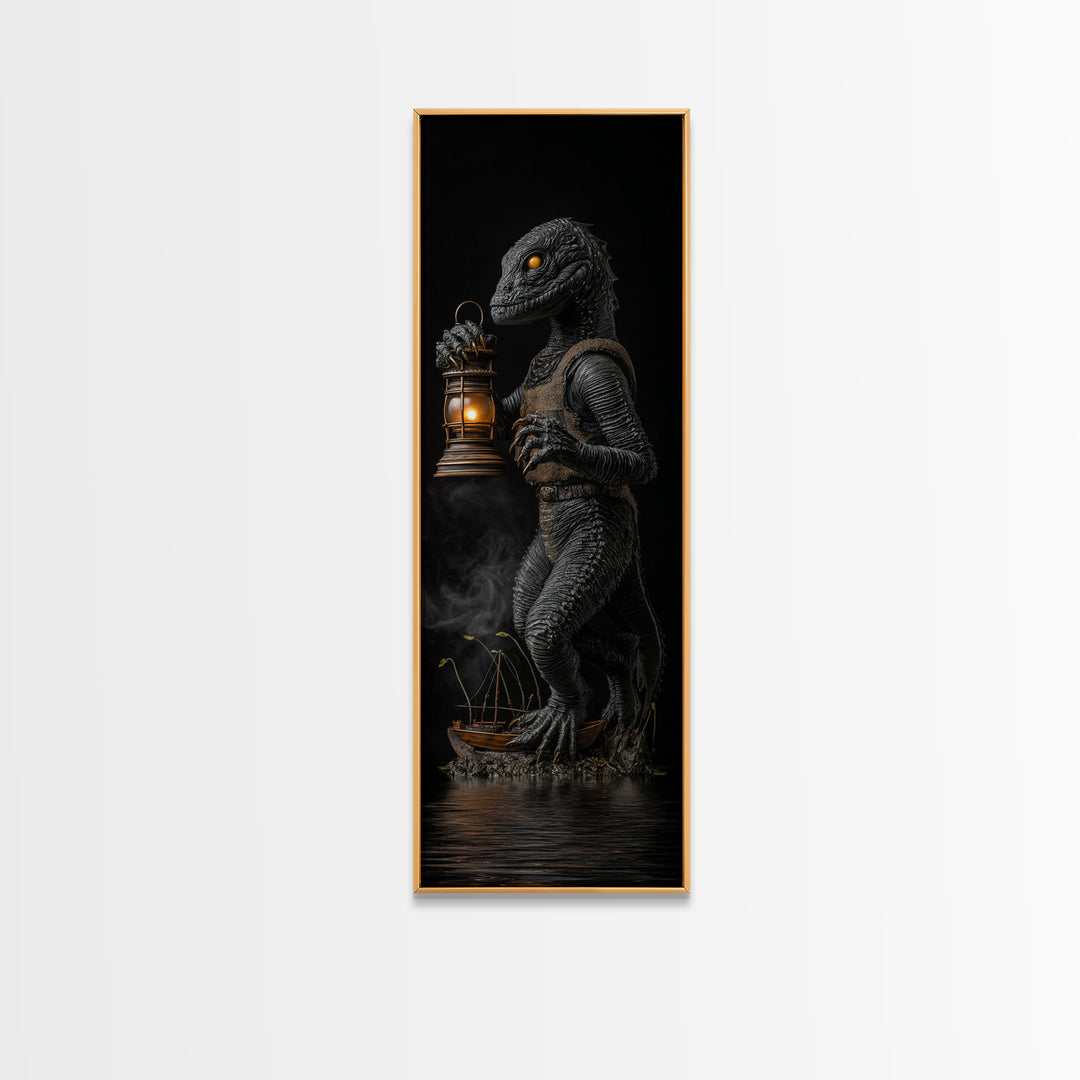 The Creature Of Lantern Lagoon, Tall Narrow Wall Art, Haunted Gothic Art, Framed Canvas Print, Halloween Wall Decor, Gothic Home Decor